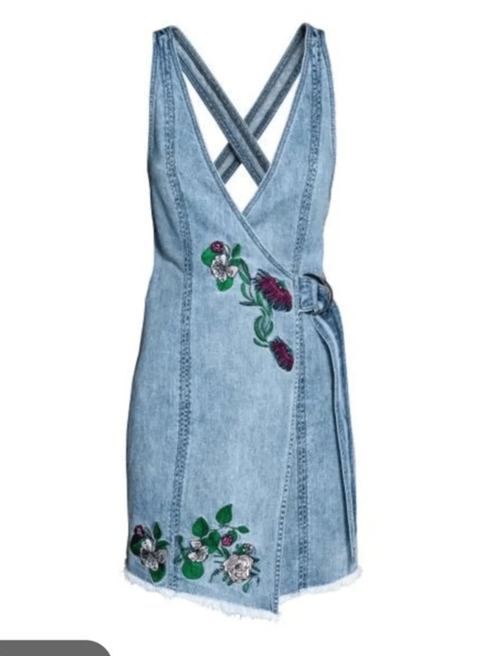 H&M Coachella Denim Wrap Dress Embroidered Floral Frayed Hem Festival Boho M
